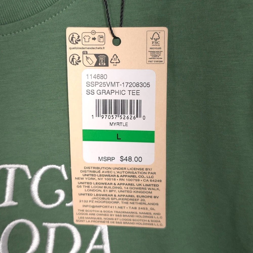 SCOTH & SODA AMSTERDAM New LARGE T-Shirt Green Graphic Front Crew Short Sleeve - Picture 9 of 9